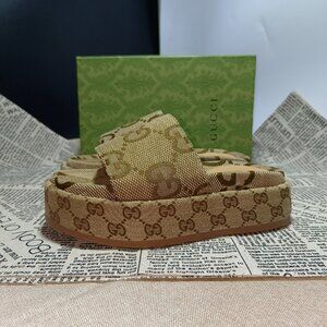 Gucci Angelina Platform Slide Sandal in Beige GG Canvas